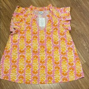 Mud Pie Pink and Yellow Blouse size small